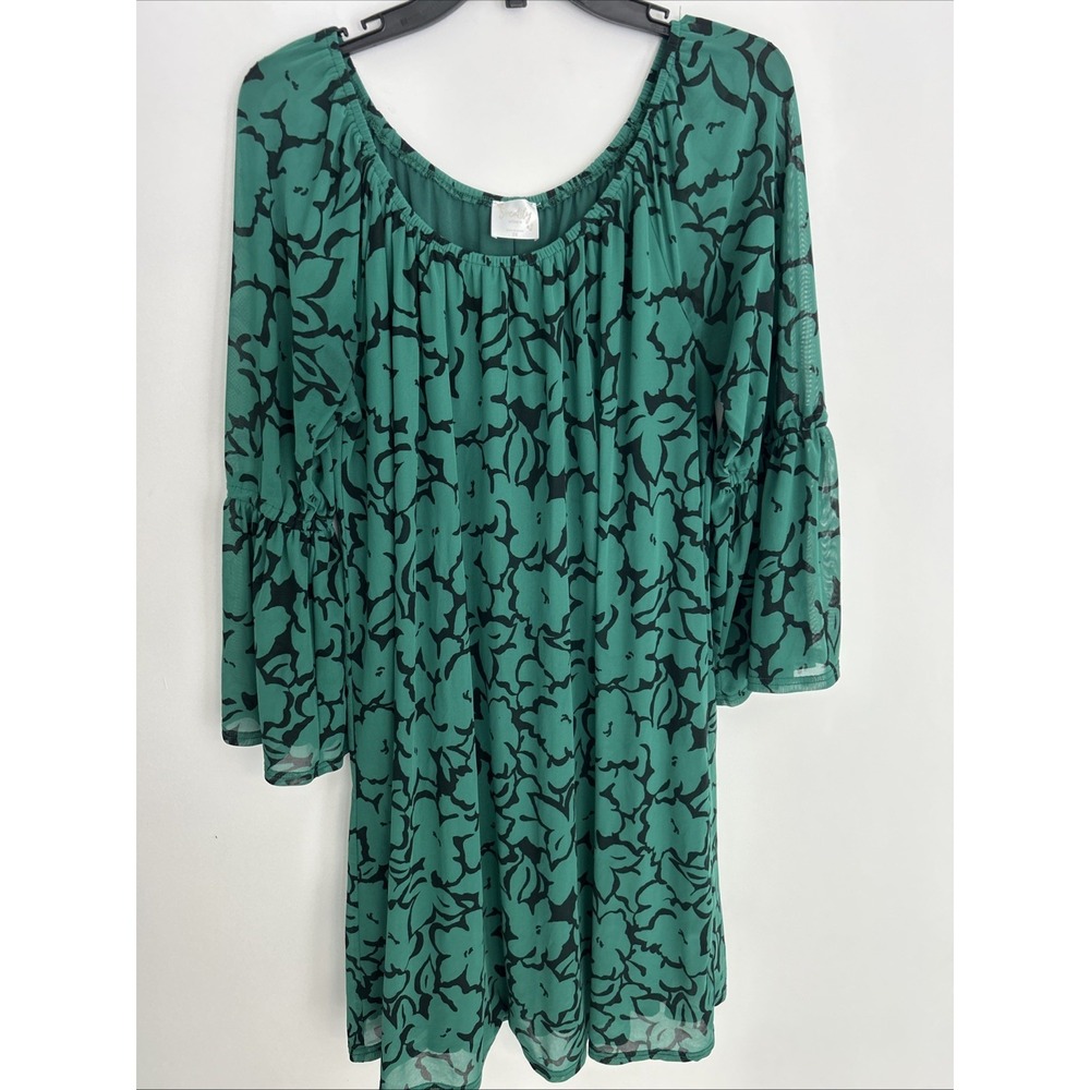 Siren Lily Women's 2X‎ Green Black Floral Scoop Line Neck 3/4 Ruffle Wide Sleeve